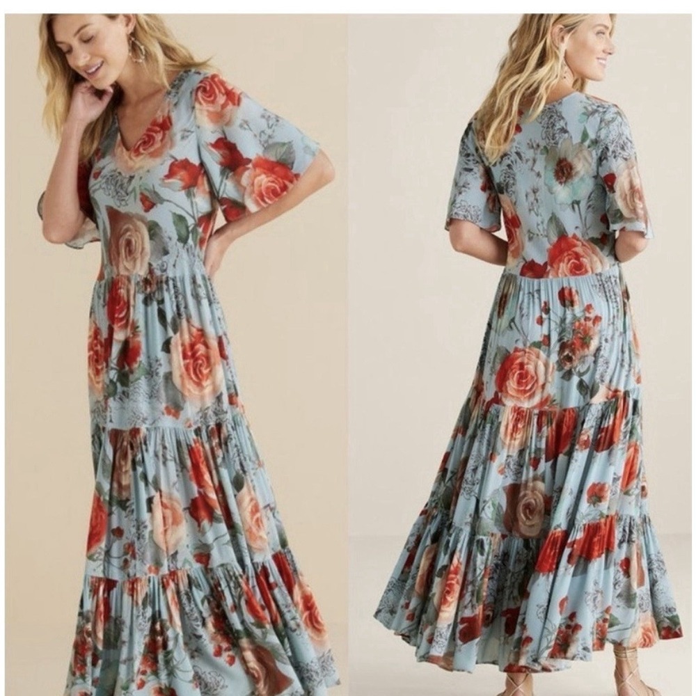 NWT Soft Surroundings First Blooms Maxi Dress M Blue Porcelain‎ Rose Floral Boho